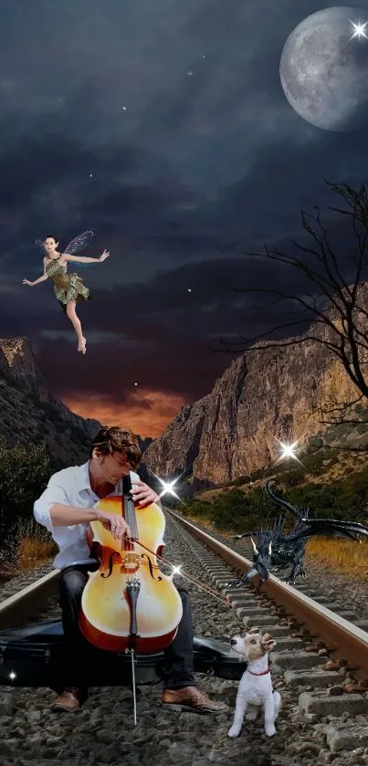 Fantasy scene with cellist and fairies under a moonlit sky on railroad tracks.