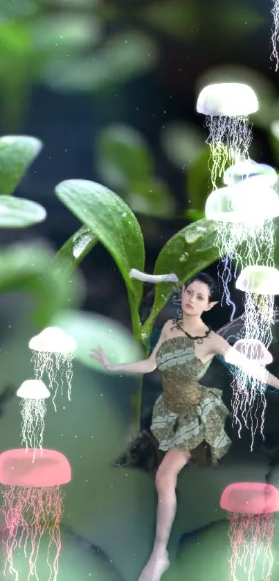 Whimsical art of jellyfish and foliage with a dancer in fantasy style.