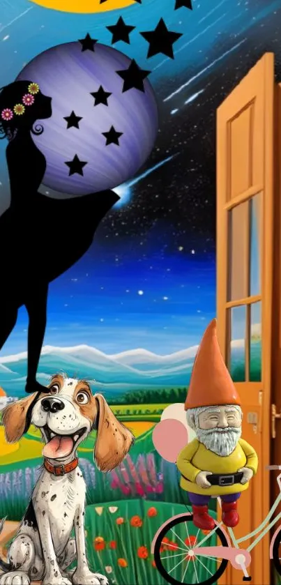 Whimsical fantasy night scene with stars, woman silhouette, dog, and gnome on bicycle.