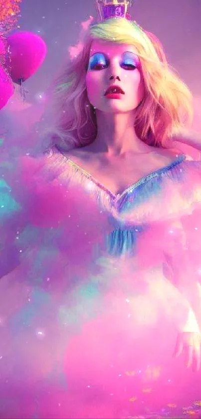 Whimsical fantasy art with vibrant pink clouds and a mystical princess.