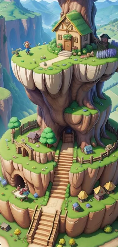 Whimsical treehouse on a giant tree in a fantasy landscape.