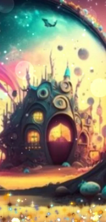 Whimsical fantasy world with vibrant colors and surreal details in a mobile wallpaper.