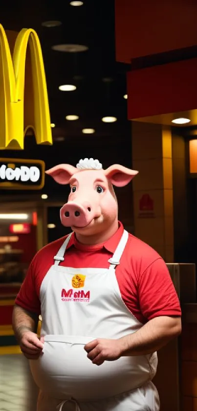 Person in a pig costume at a fast-food outlet, vibrant and humorous.