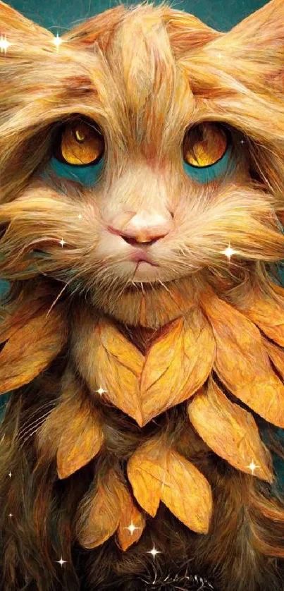 Fantasy feline art wallpaper with leaves