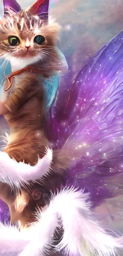 Whimsical cat with purple wings in a fantasy setting.