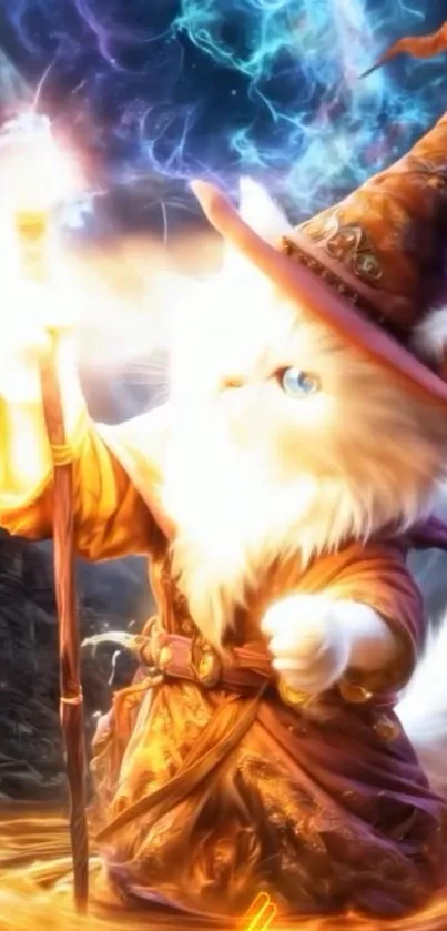 Whimsical cat wizard casting a spell.