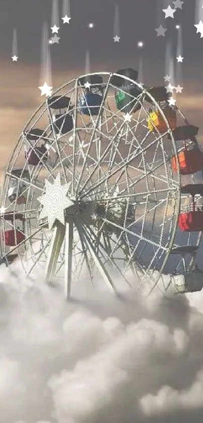 Whimsical Ferris wheel rising through clouds in a dreamy sky.