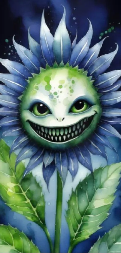 Surreal smiling flower in green and blue hues with artistic flair.