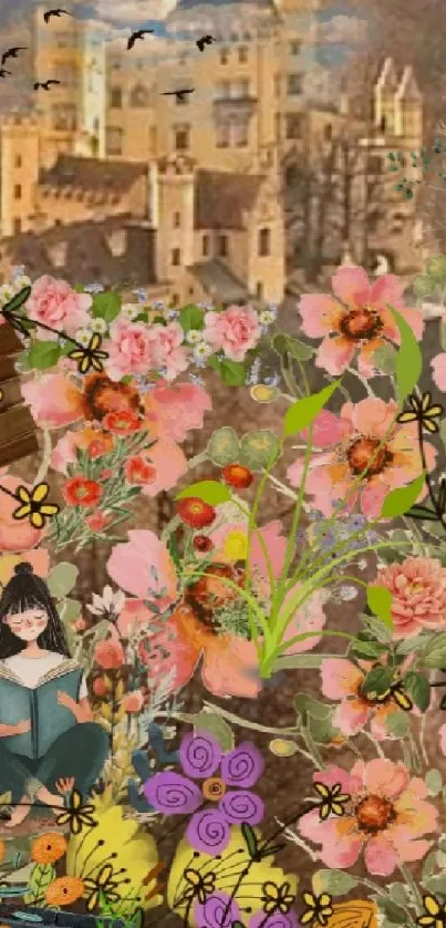 Whimsical wallpaper with flowers and a castle.