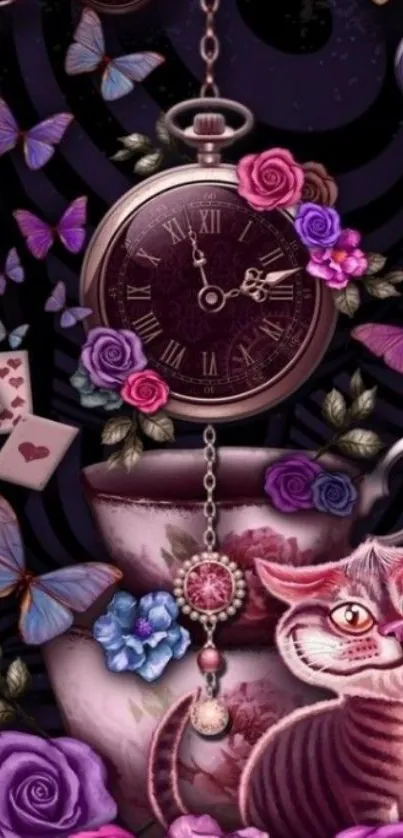 Whimsical wallpaper with cat, clock, flowers, and butterflies.