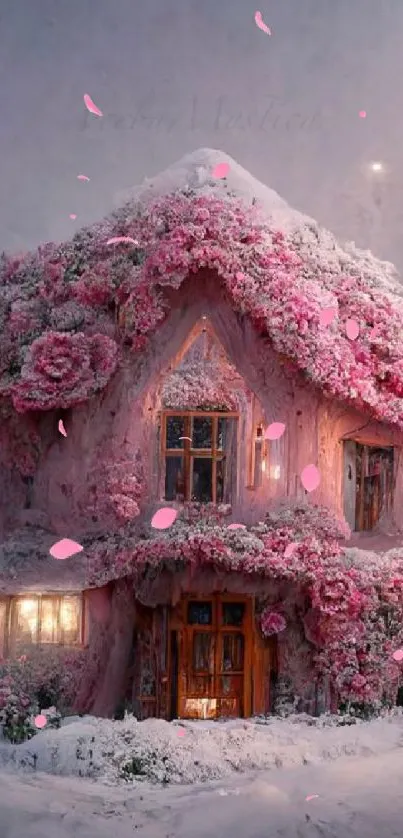 Fairy-tale cottage with pink flowers in a magical winter scene.