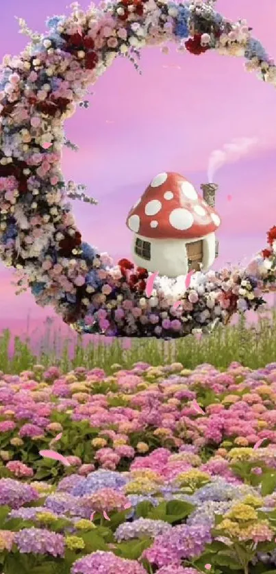 Whimsical floral crescent with mushroom house under a vibrant pink sky.