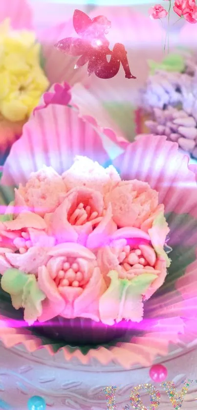 Whimsical pink floral cupcake with fairy and pastel accents.