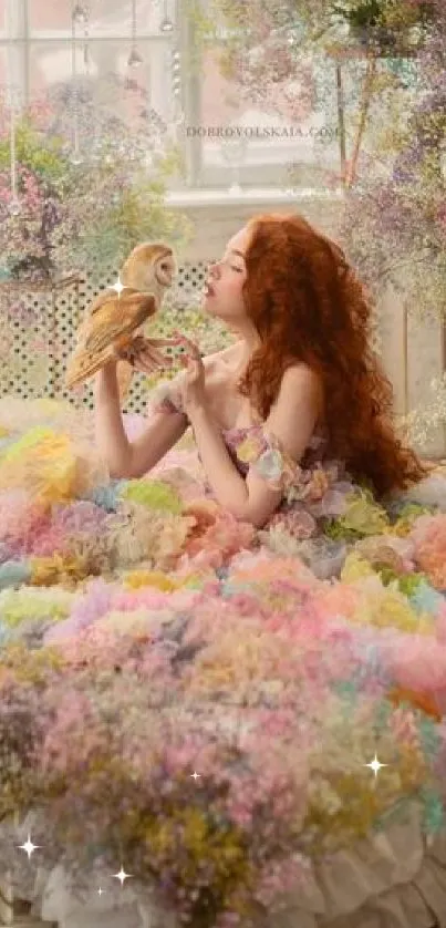 Woman in a colorful dress surrounded by flowers and an owl in a whimsical setting.