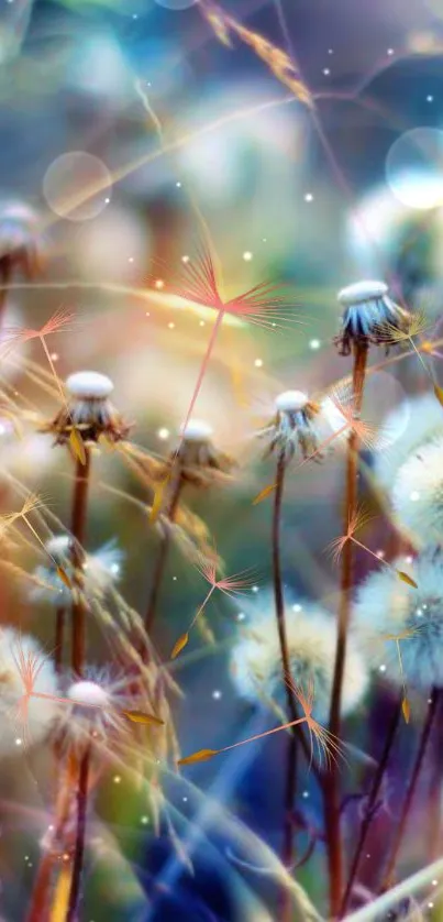 Whimsical wallpaper with dandelions and bokeh lights in soft, dreamy colors.