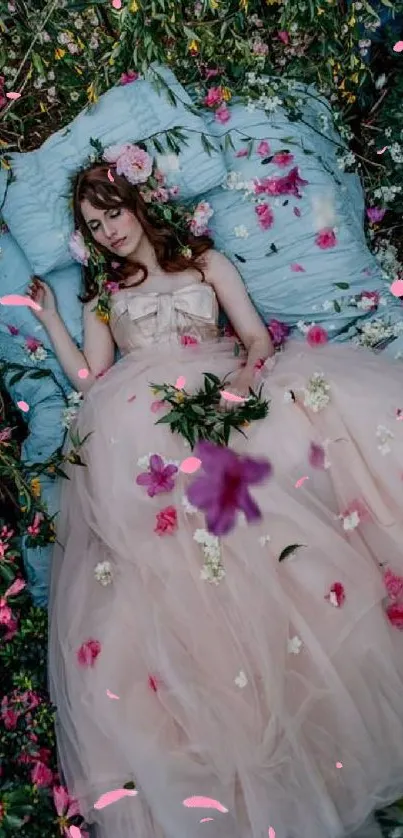 Woman in pink gown lying among flowers with a dreamy expression.