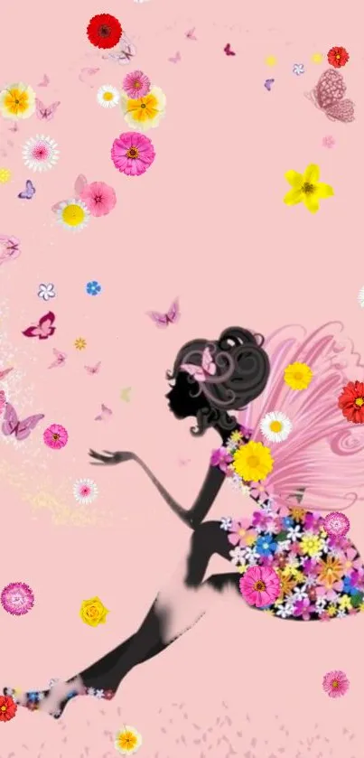 Whimsical fairy silhouette with flowers on pink background.