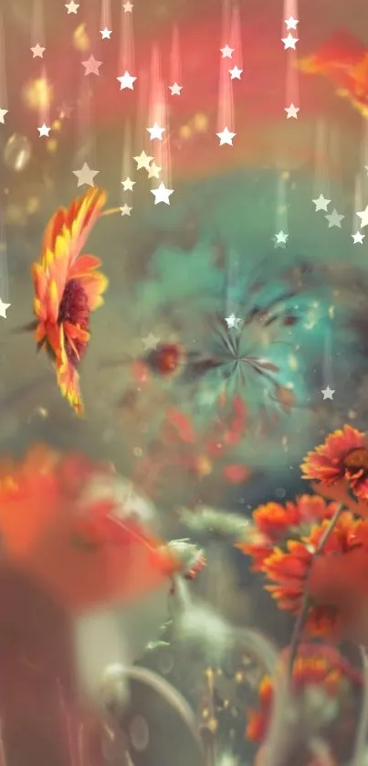 Fantasy floral wallpaper with stars and dreamy abstract design.