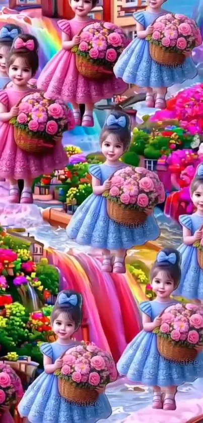 Charming fantasy artwork with girls holding flowers in a vibrant, colorful setting.