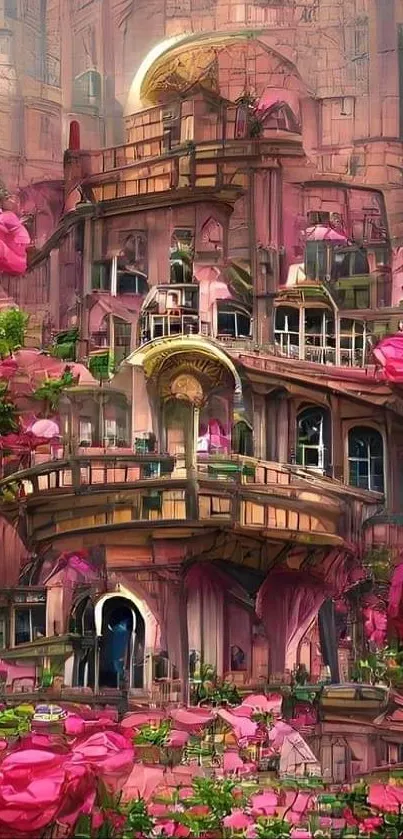 Fantasy architecture with pink roses in a whimsical mobile wallpaper.