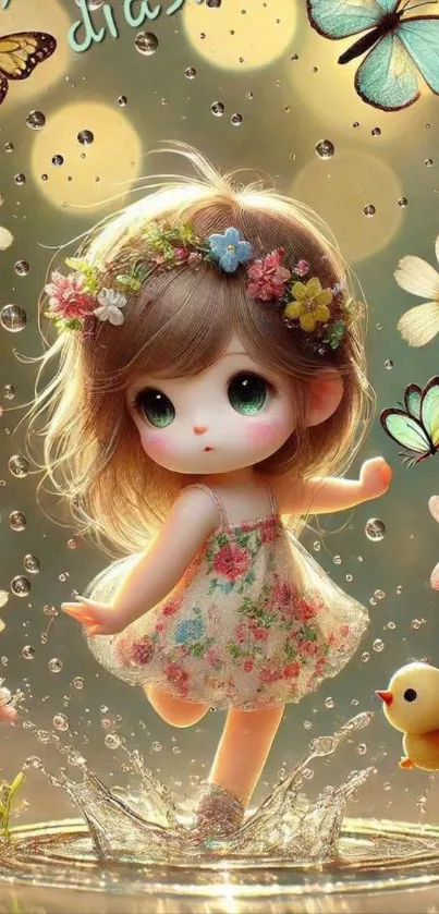 Cute doll in floral scene with butterflies.