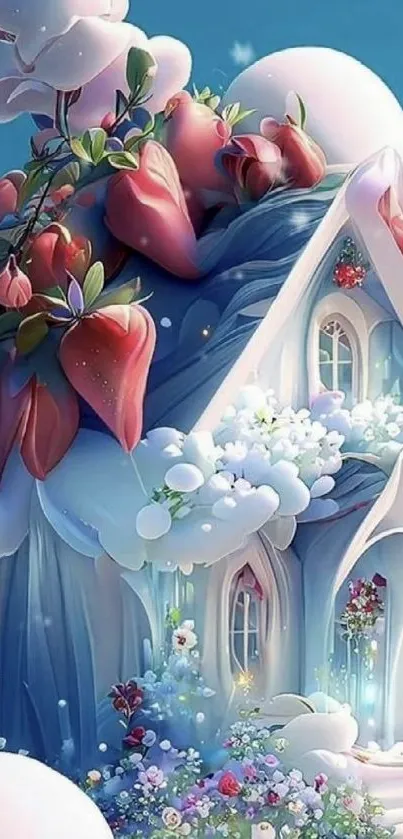 Whimsical house surrounded by vibrant floral blooms on a sky blue background.