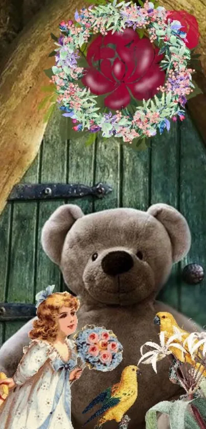 Teddy bear with floral wreath and vintage charm on green door.