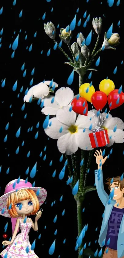 Cartoon characters with balloons in a rainy floral design.