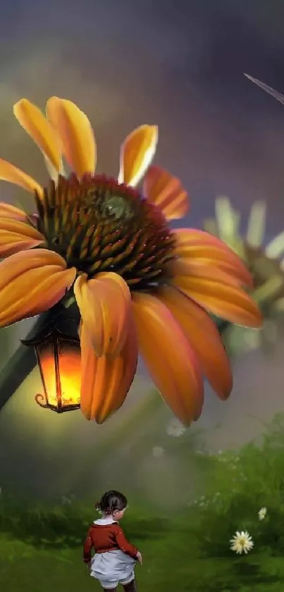 Whimsical wallpaper with orange flower and butterfly.