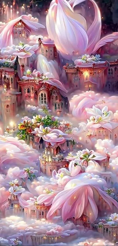 Whimsical flower castle with ethereal clouds.