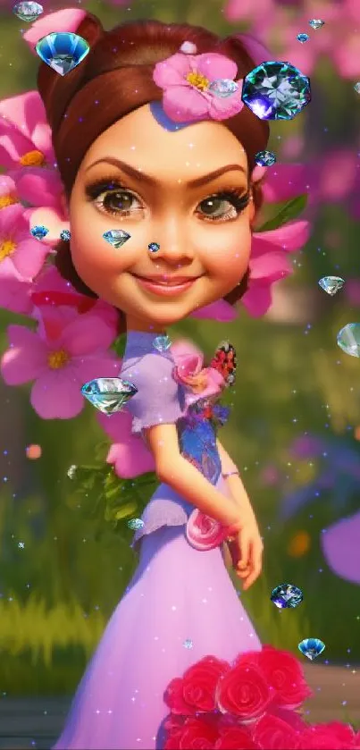 Whimsical character in pink flowers with a charming backdrop.