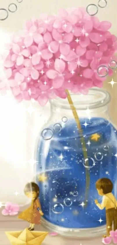 Whimsical fantasy wallpaper with a pink flower in a blue jar and charming characters.