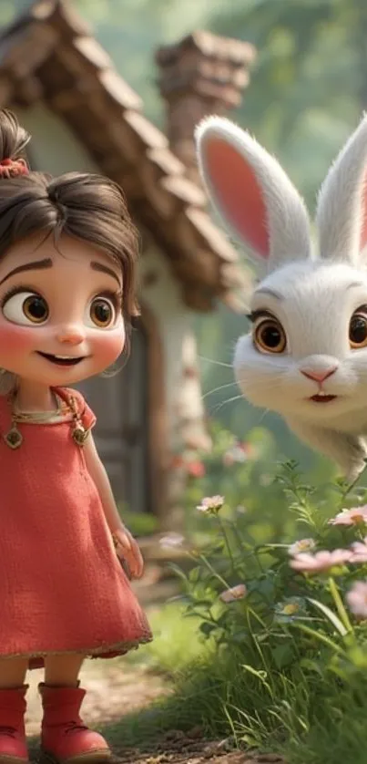 Whimsical cartoon girl with rabbit in forest.