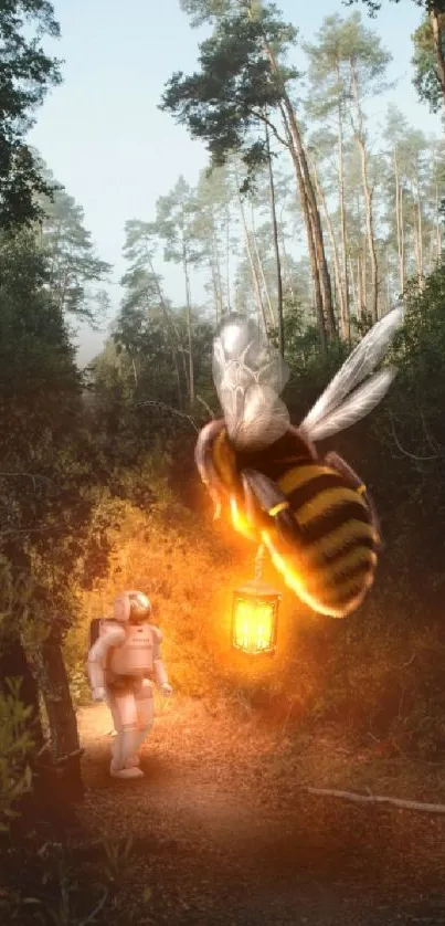 Astronaut and giant bee in enchanted forest.