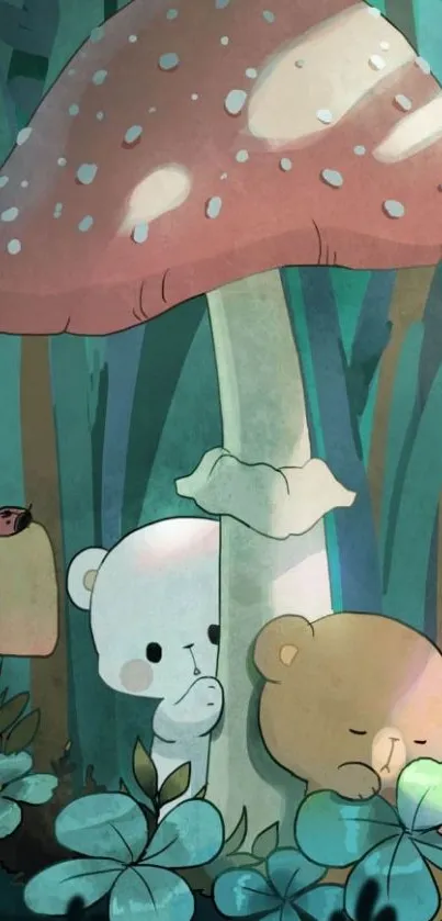 Cute cartoon bears under a forest mushroom.