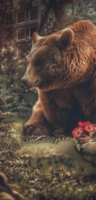 A calm bear and child in a whimsical forest setting with a rustic background.