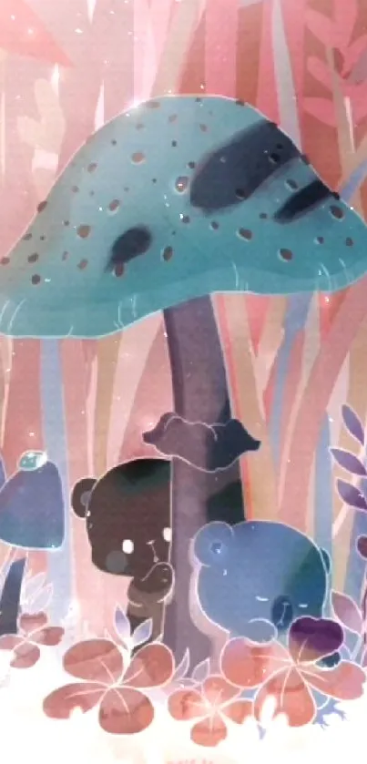 Cartoon bears under a teal mushroom in a colorful forest.