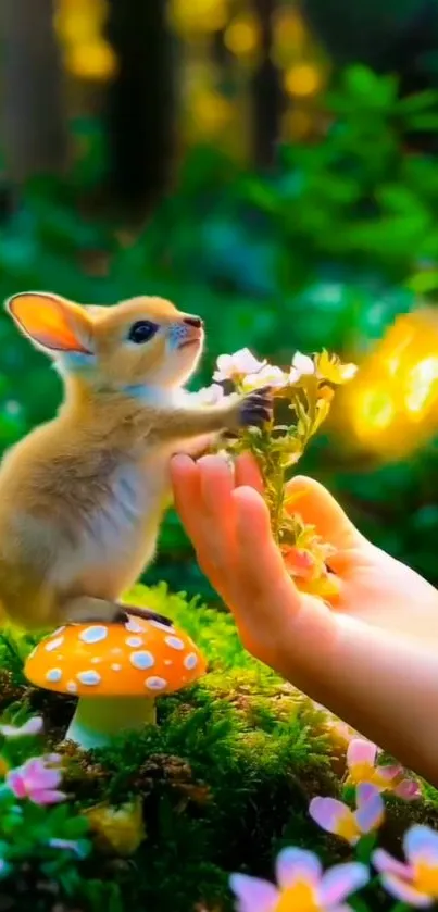 Cute bunny with glowing flowers in a fantasy forest.