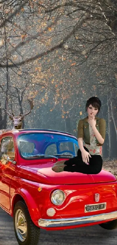 Red vintage car with woman in whimsical forest setting.