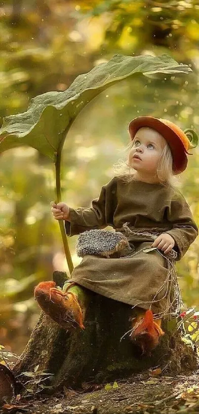 Child in enchanted forest with leaf umbrella and autumn colors.