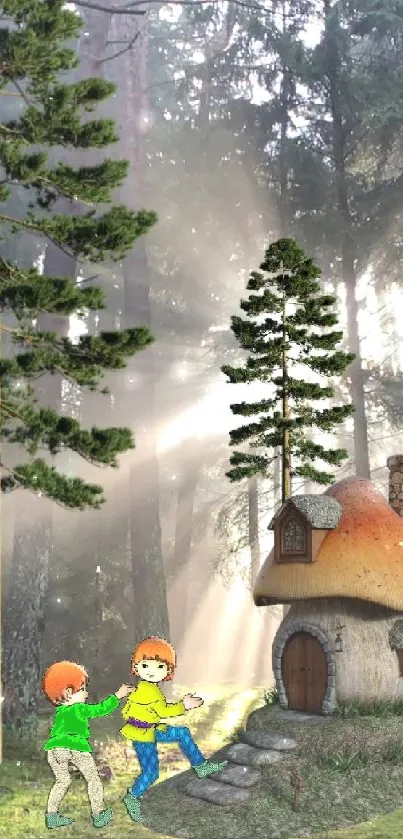 Whimsical forest scene with a sunlit cottage and towering trees.