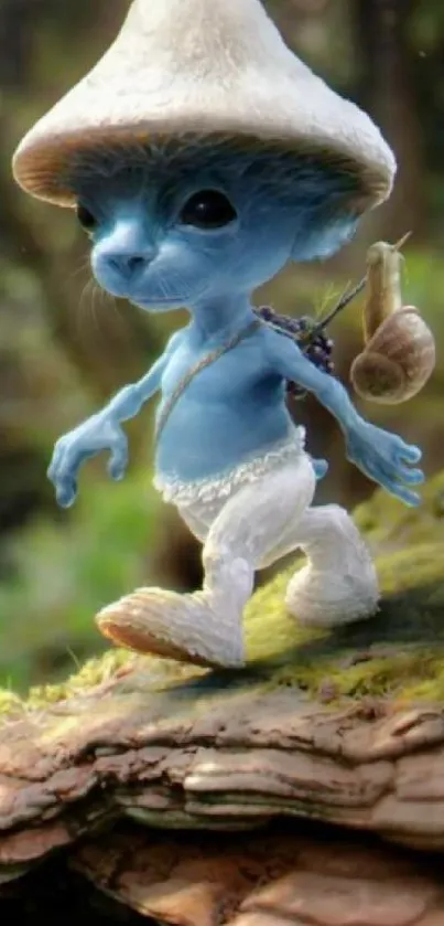 Whimsical blue creature with a mushroom hat in a fantasy forest setting.