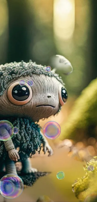 Whimsical forest creature with vibrant colors and bubbles in a magical setting.