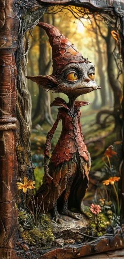 Whimsical forest creature in a sculpted art setting.