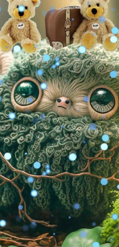 Whimsical green creature with curly fur and teddy bears in a forest setting.
