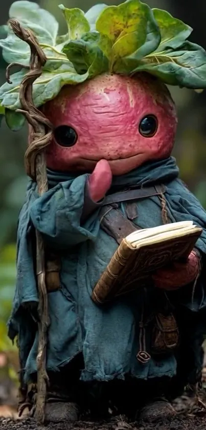 Fantasy leaf-crowned creature holding a book in the forest.