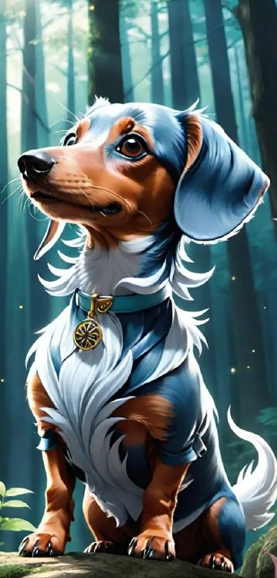 Cute dog with blue fur in an enchanted forest scene.