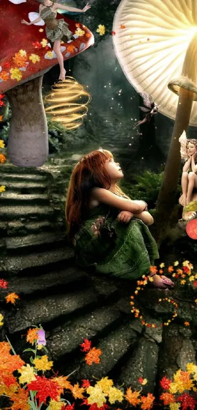 Magical fairy scene with mushrooms and autumn leaves.