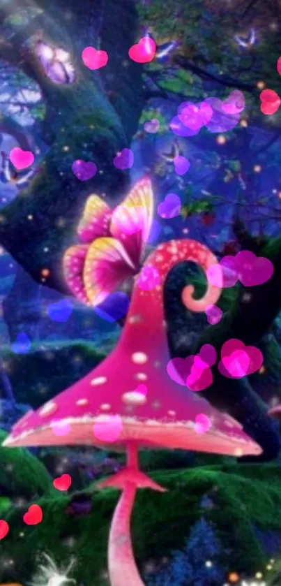 Fantasy wallpaper with pink mushroom, butterfly, and heart accents in a mystical forest.