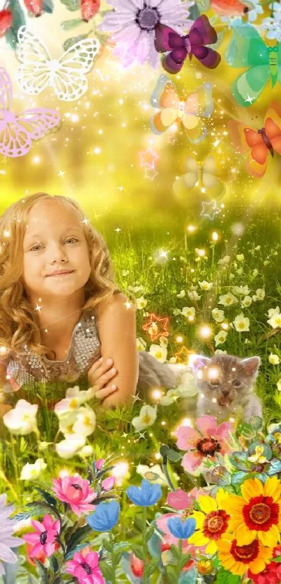 Child in a sunny forest, surrounded by flowers.